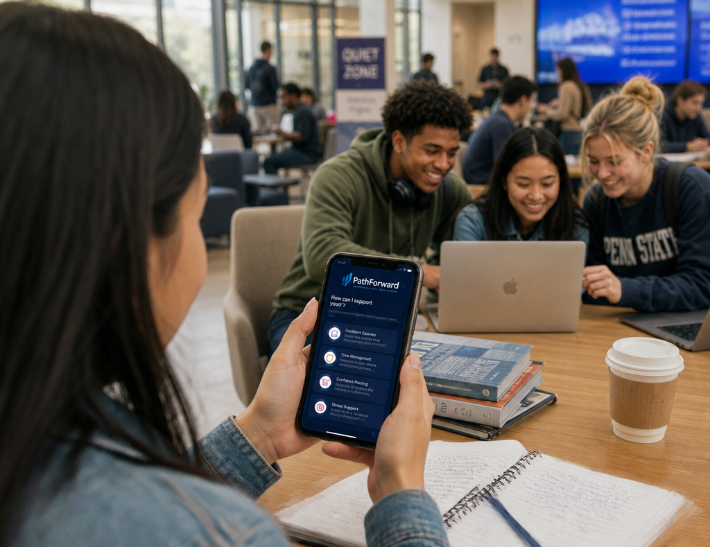 Students in a student center on a phone