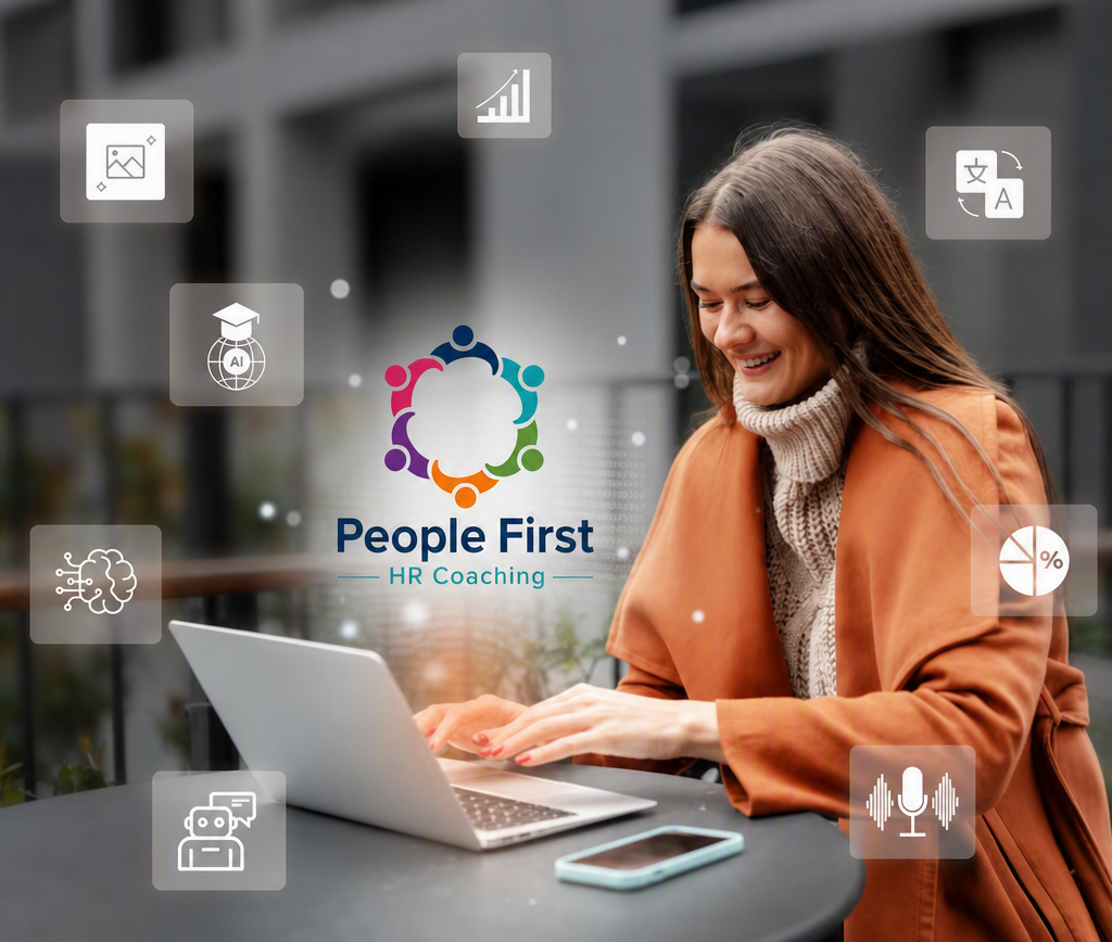 HR team member with laptop and AI icons floating
