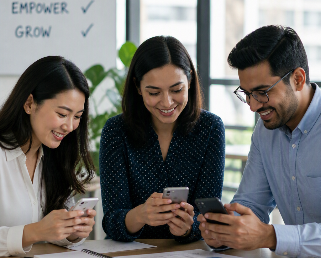 Group of people in office with phones