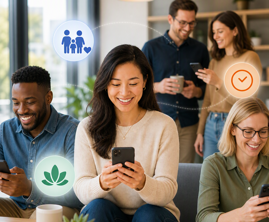 Employees in workspace looking at their phones.