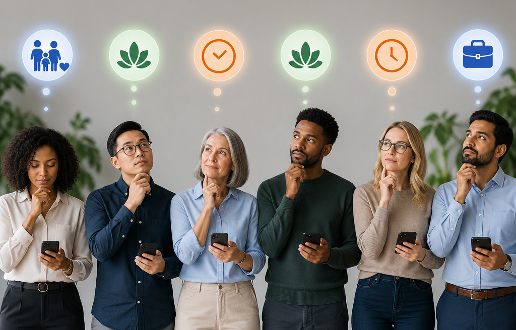 Group of employees with phones and icons floating over their heads.